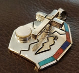 NATIVE AMERICAN STERLING SILVER OVERLAY CROSS PENDANT WITH INLAY AND 14K