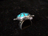 Native American Sterling Silver Turtle Ring Inlaid with Turquoise and Reticulation
