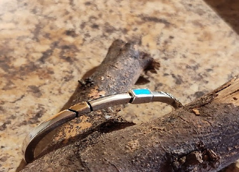 Navajo Custom Square Wire Bracelet with a Single Turquoise Stone and 14k