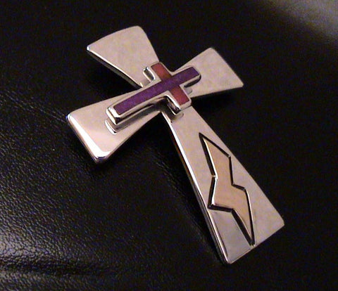 American Indian Sterling Silver Overlay Cross Pendant with Inlay and 14K