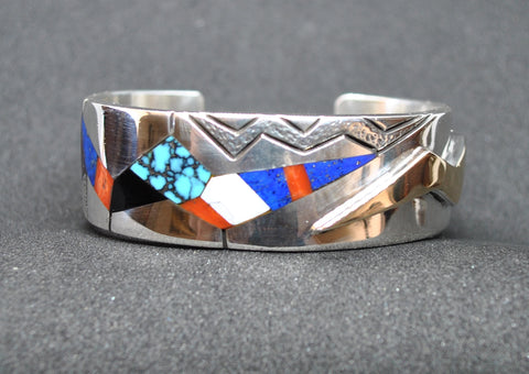 Sterling Silver Abstract Multi-Inlay Cuff Bracelet with 14k Gold