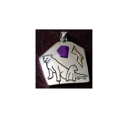 Sterling Silver "Mother and Son" pendant. This custom pendant has a single inlay of Sugilite and 14K Accent. 2"x2-1/4" in size. 