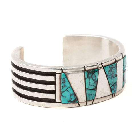 Sterling Silver Genuine Multi-Inlay Five Row Turquoise American Indian Cuff Bracelet