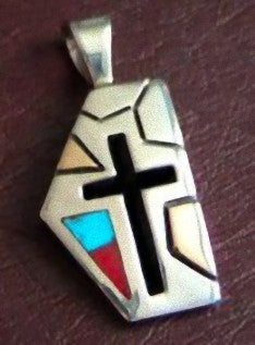 Sterling Silver Overlay Cross with Inlay and 14K