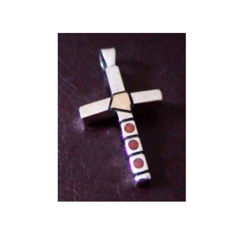 Sterling Silver Cross with Coral Inlay and 14k Gold Accent