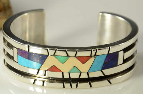 Sterling Silver "Chi-Nah-Bah Bracelet with Multi-Inlay and 14k Lightening Bolt