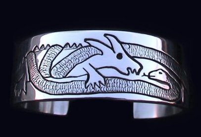Genuine Native Storyteller Dragon and Snake Bracelet by Ron Henry, Navajo Silversmith